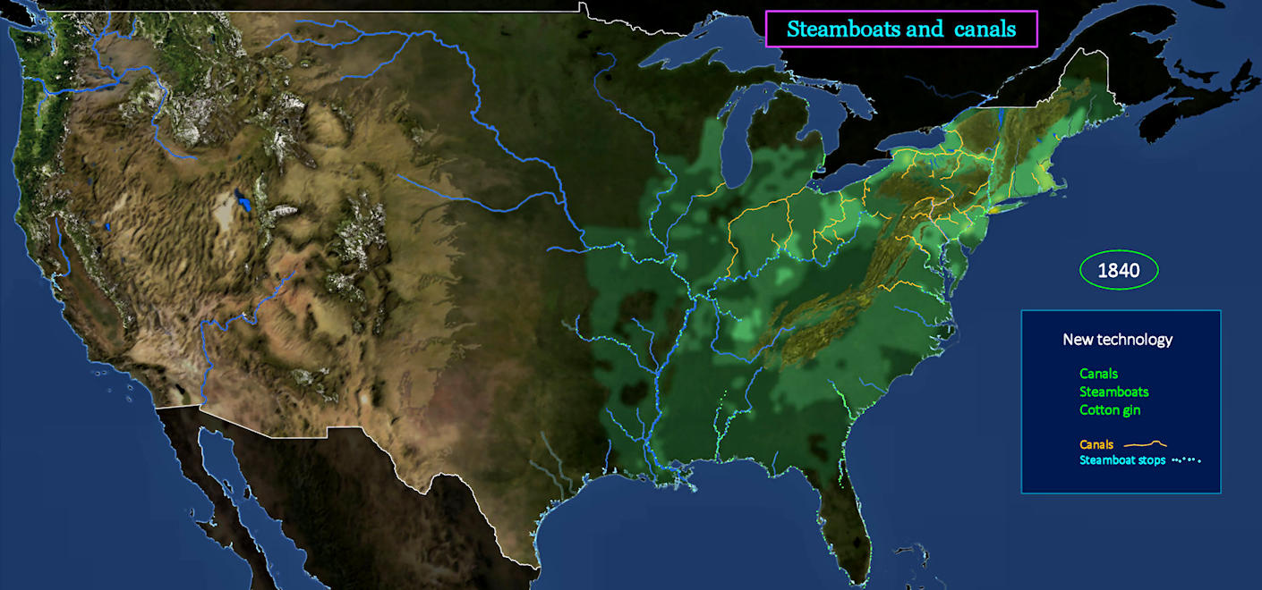 Steamboats and canals, 1840 map